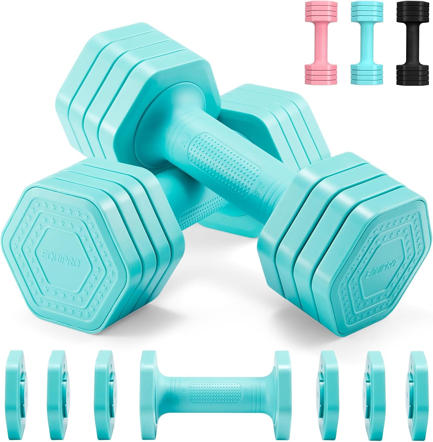 EQUIPRO Adjustable Dumbbell Set, 4 in 1 Free Weights Dumbbells Set for Women, Weights for Women at Home, 2lb 3lb 4lb 5lb with TPU Soft Rubber Handle for Home Gym Exercise Training