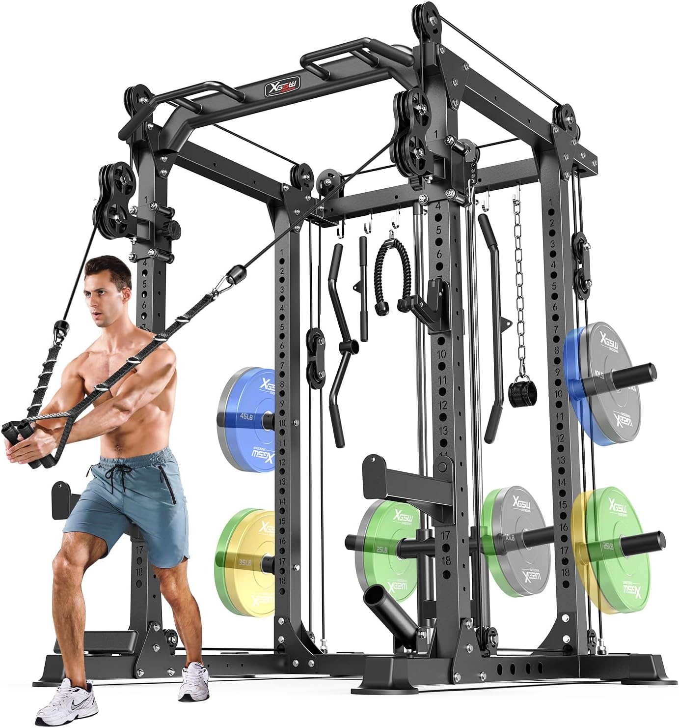 Power Rack Power Cage Multi-Function Squat Rack with Cable Crossover System Selectable More Training Attachment Power Rack for Garage &amp; Home Gym
