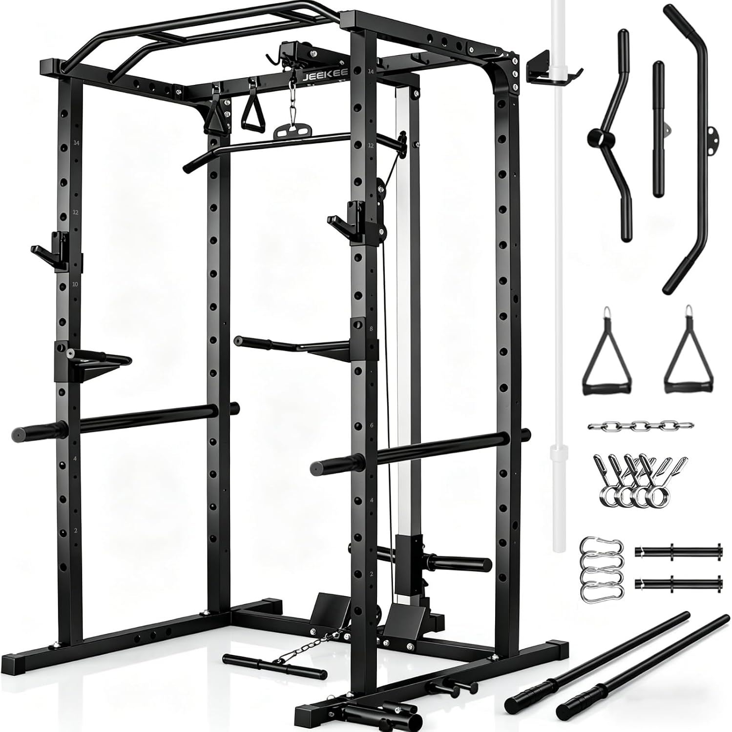 JEEKEE Power Rack with LAT Pulldown, 2000LBS Power Cage with Cable System, Multi-Function Squat Rack with J-Hooks, Safety Bars, Landmine, Pull Up Bar &amp; Attachments for Home Gym Strength Training,Black