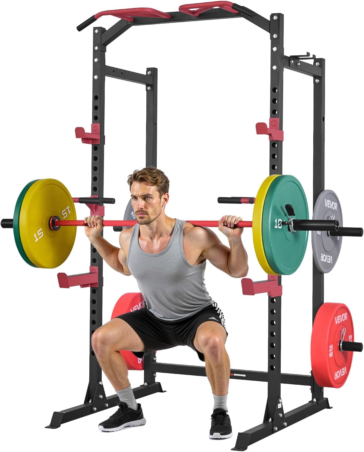 VEVOR Power Cage Power Rack, Multifunctional Barbell Squat Rack with Adjustable Height, Home Gym Strength Training Workout Equipment with J-Hooks &amp; More Fitness Attachment for Bench Press Pull-Up Dips